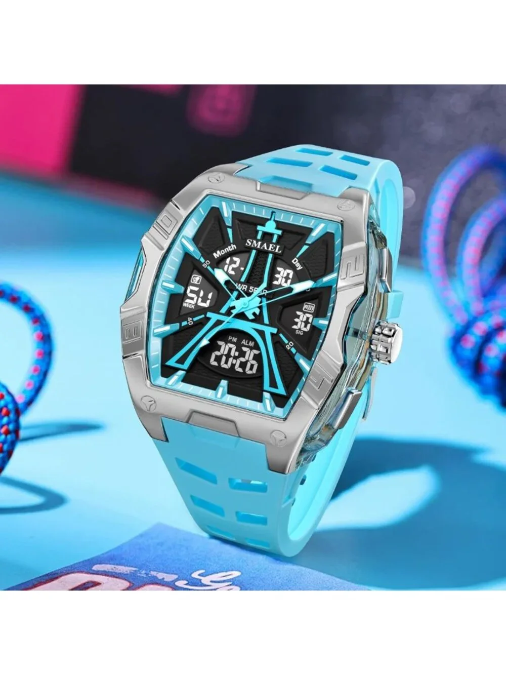 Stylish Waterproof Sports Watch for Men - Dual Display, LED Light, Stopwatch, 6